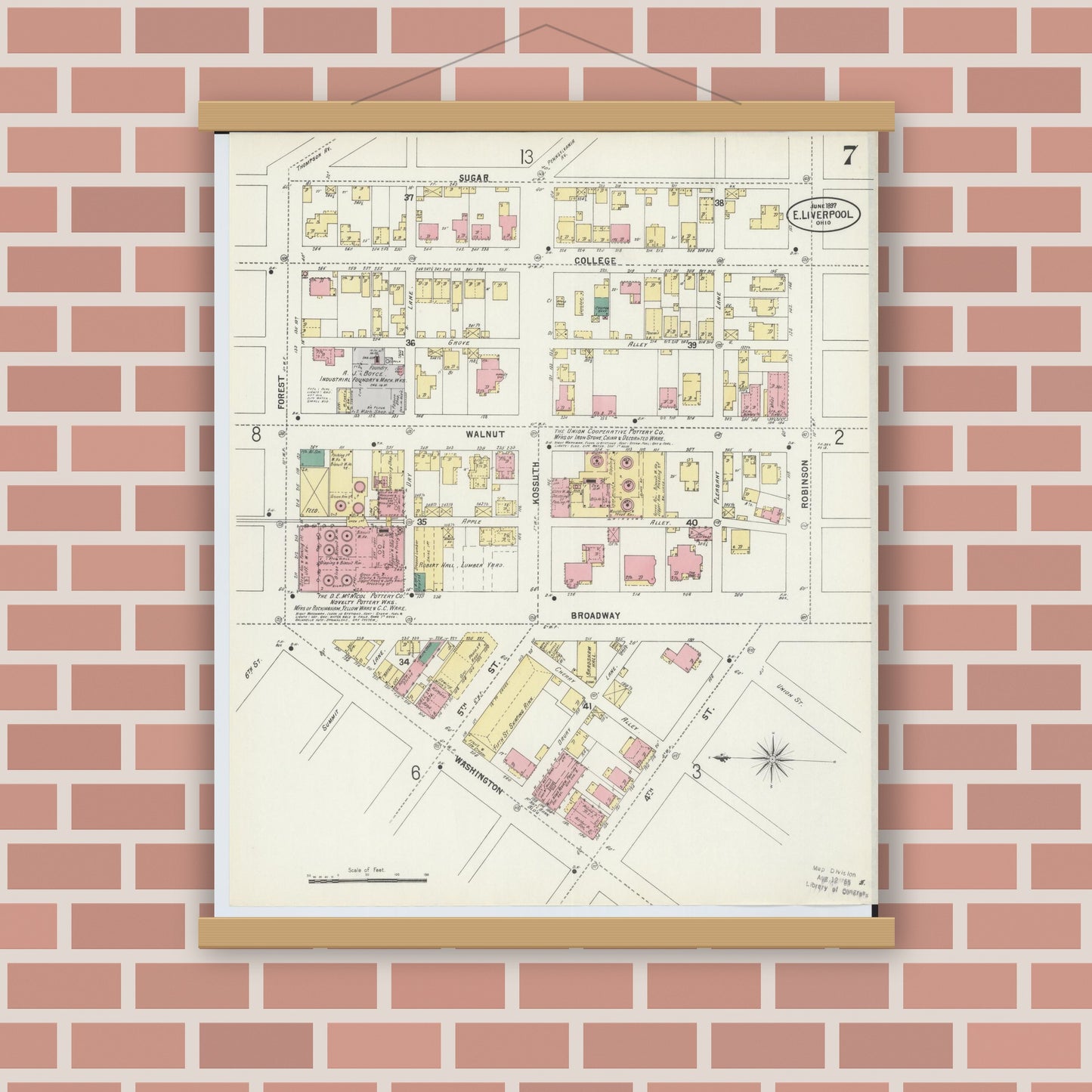 Old map wall art mockup — magnetic wood frame on brick wall — Sanborn Fire Insurance Map from East Liverpool, Columbiana County, Ohio (1897), Sheet #0007