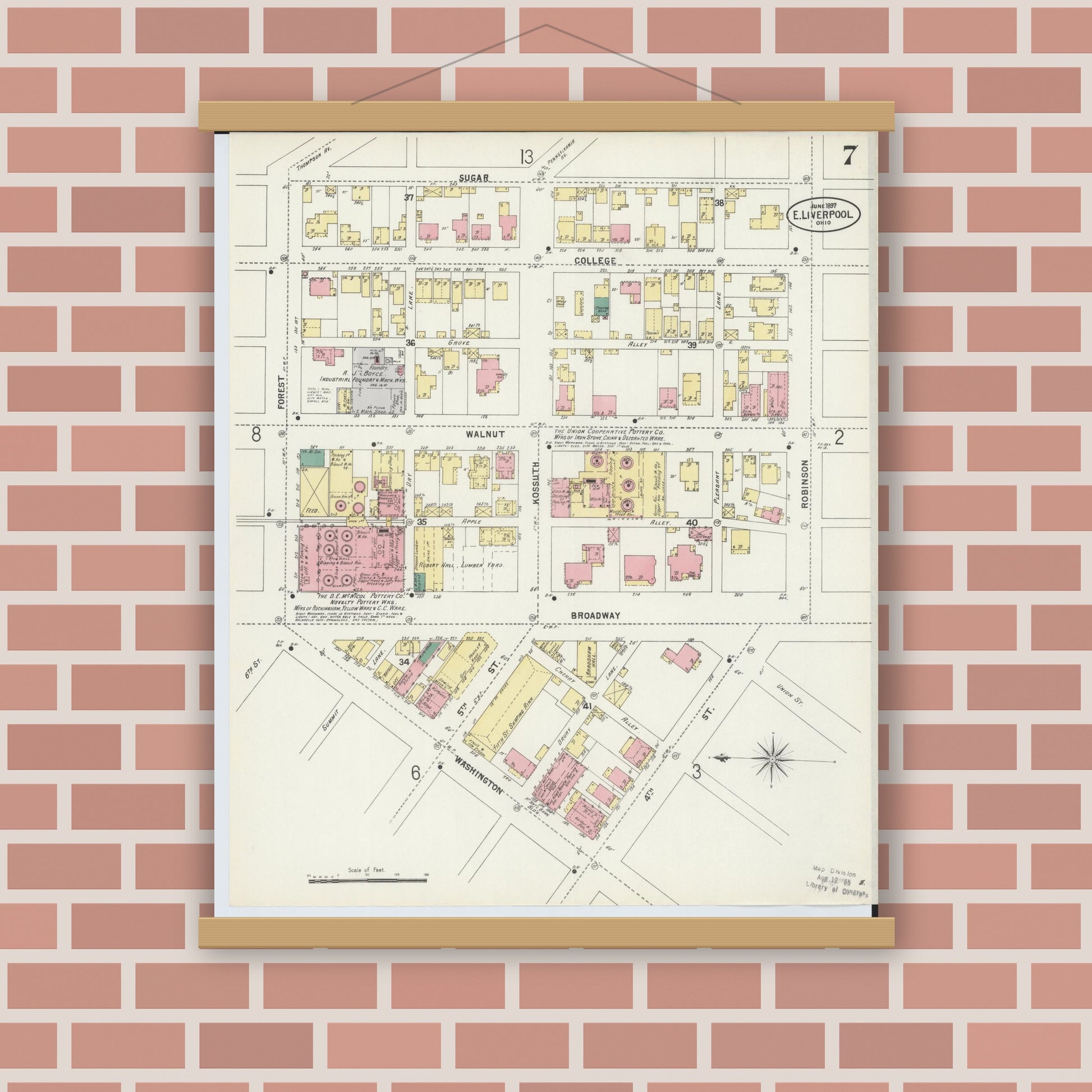 Old map wall art mockup — magnetic wood frame on brick wall — Sanborn Fire Insurance Map from East Liverpool, Columbiana County, Ohio (1897), Sheet #0007