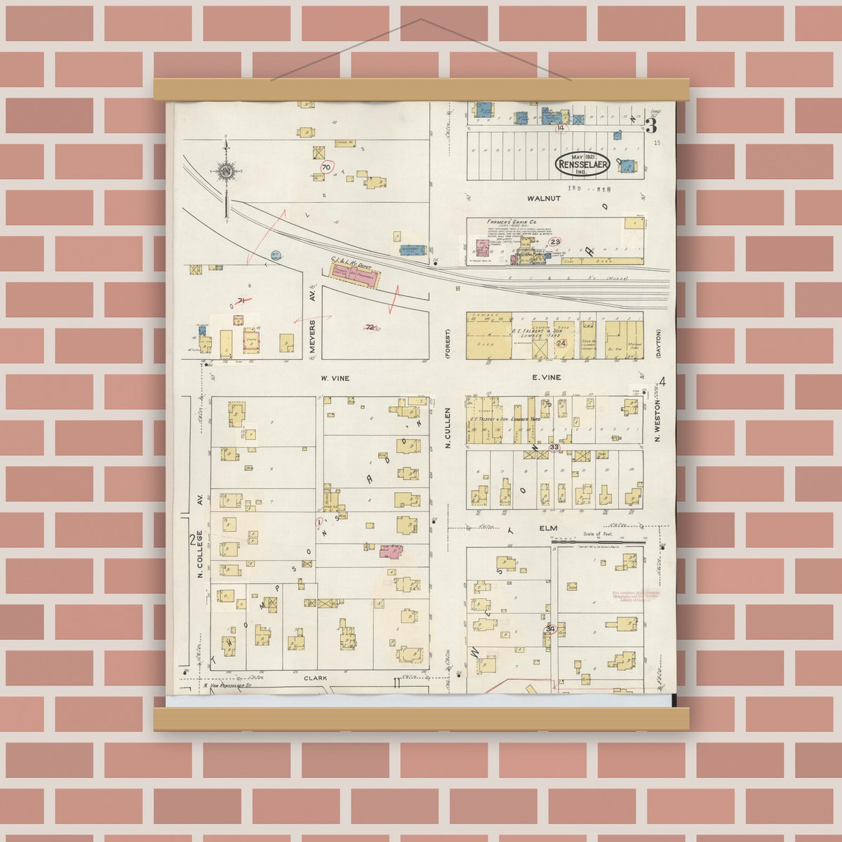 Old map wall art mockup — magnetic wood frame on brick wall — Sanborn Fire Insurance Map from Rensselaer, Jasper County, Indiana (1942), Sheet #0003
