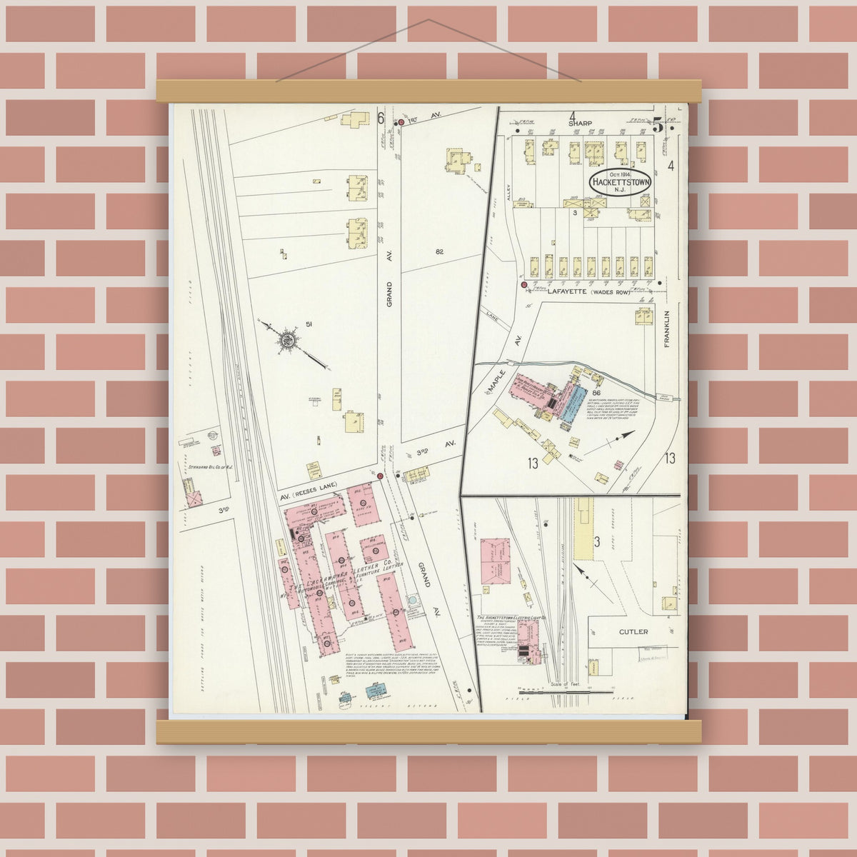Old map wall art mockup — magnetic wood frame on brick wall — Sanborn Fire Insurance Map from Hackettstown, Warren County, New Jersey (1914), Sheet #0005