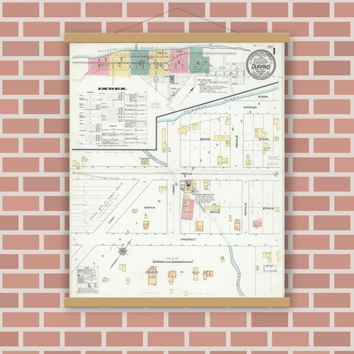 Old map wall art mockup — magnetic wood frame on brick wall — Sanborn Fire Insurance Map from Durand, Pepin County, Wisconsin (1910) - Complete Map Set