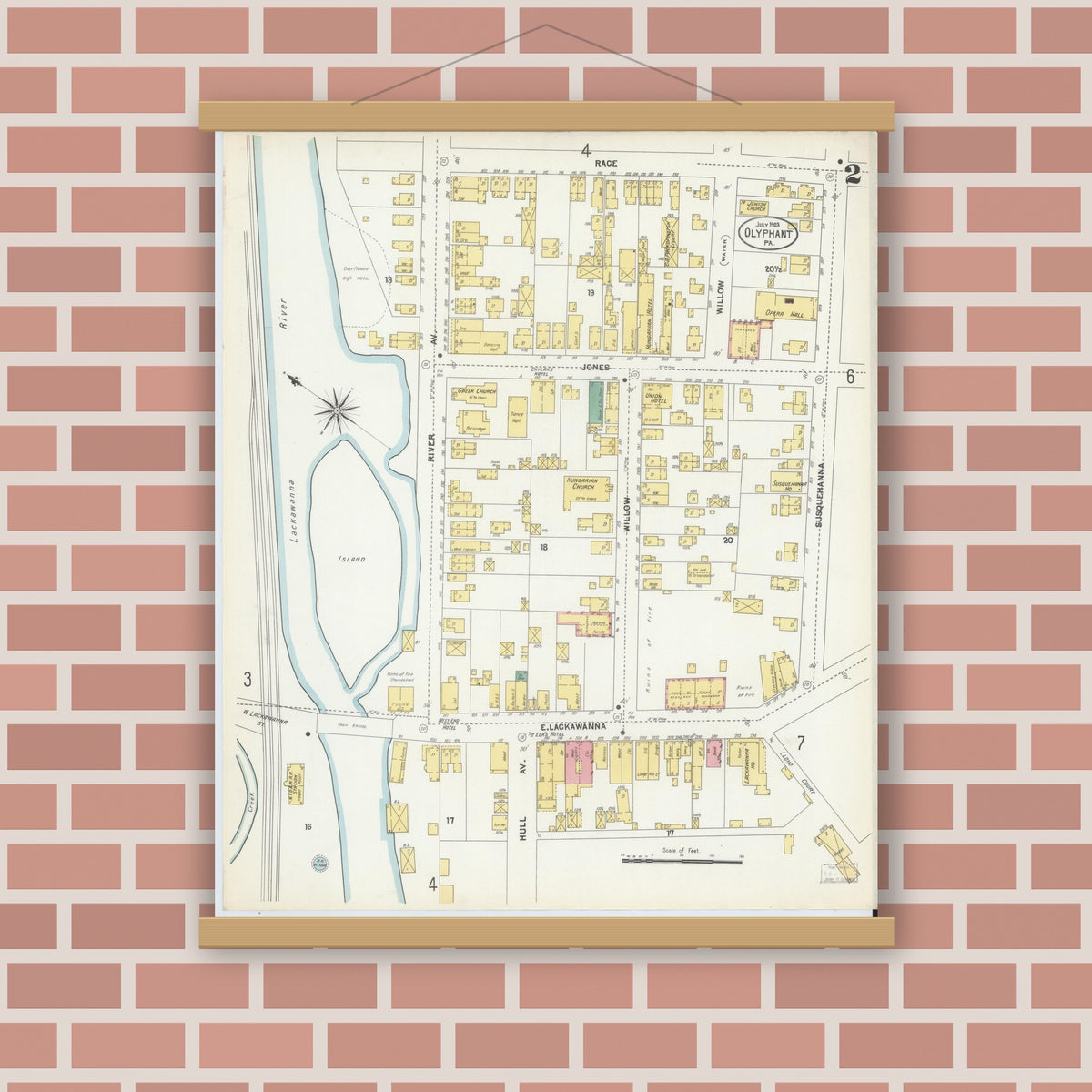 Old map wall art mockup — magnetic wood frame on brick wall — Sanborn Fire Insurance Map from Olyphant, Lackawanna County, Pennsylvania (1903), Sheet #0002