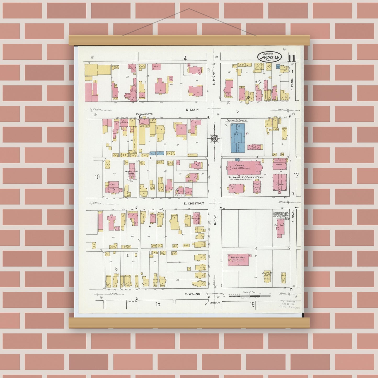 Old map wall art mockup — magnetic wood frame on brick wall — Sanborn Fire Insurance Map from Lancaster, Fairfield County, Ohio (1919), Sheet #0011