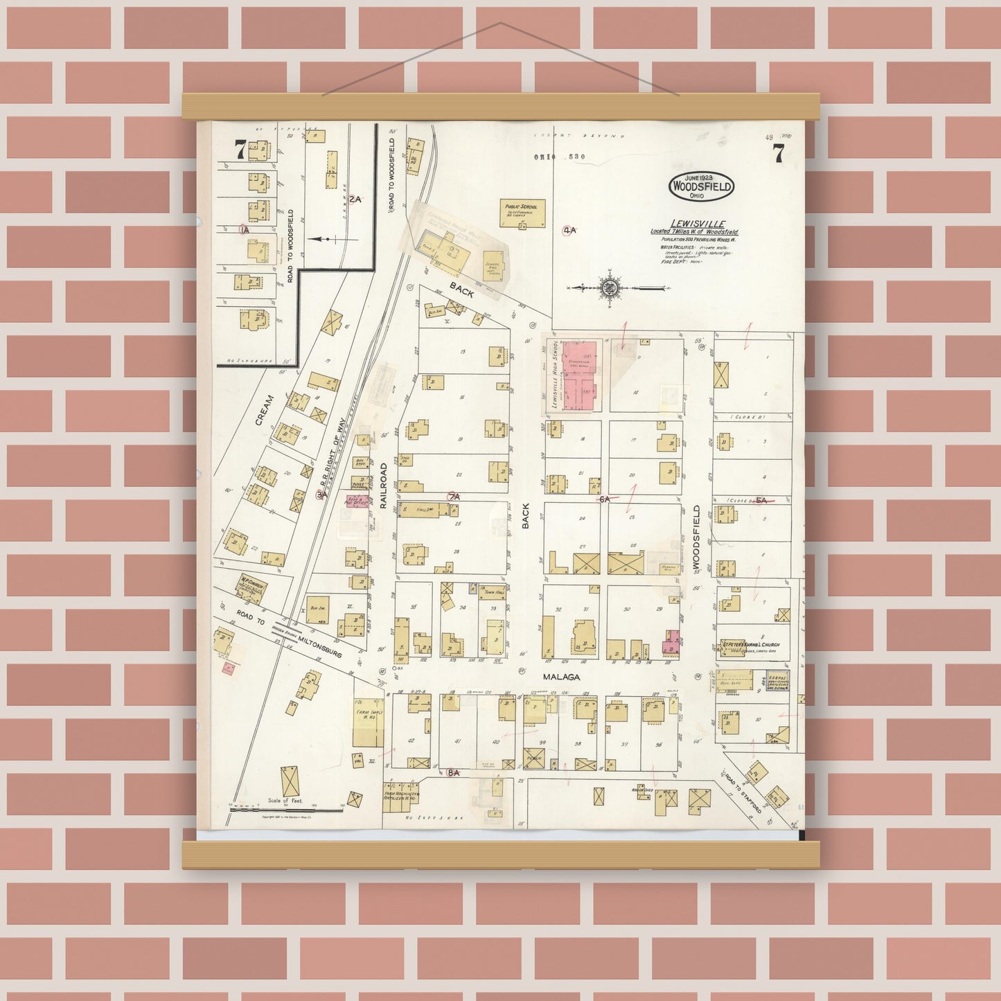 Old map wall art mockup — magnetic wood frame on brick wall — Sanborn Fire Insurance Map from Woodsfield, Monroe County, Ohio (1949), Sheet #0007