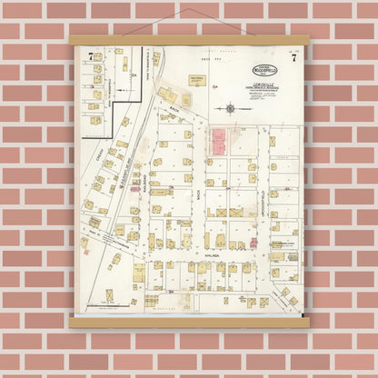 Old map wall art mockup — magnetic wood frame on brick wall — Sanborn Fire Insurance Map from Woodsfield, Monroe County, Ohio (1949), Sheet #0007