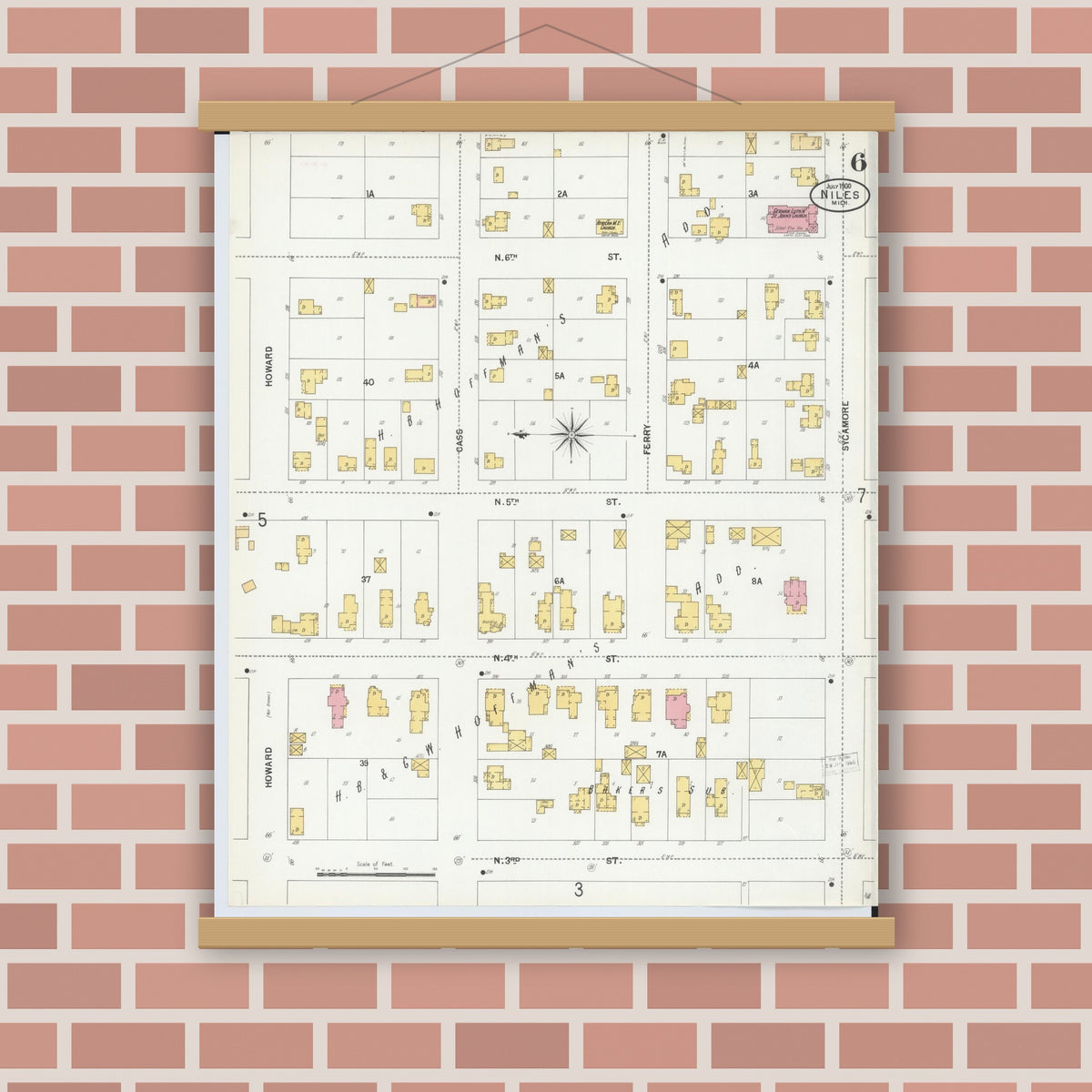 Old map wall art mockup — magnetic wood frame on brick wall — Sanborn Fire Insurance Map from Niles, Berrien County, Michigan (1900), Sheet #0006