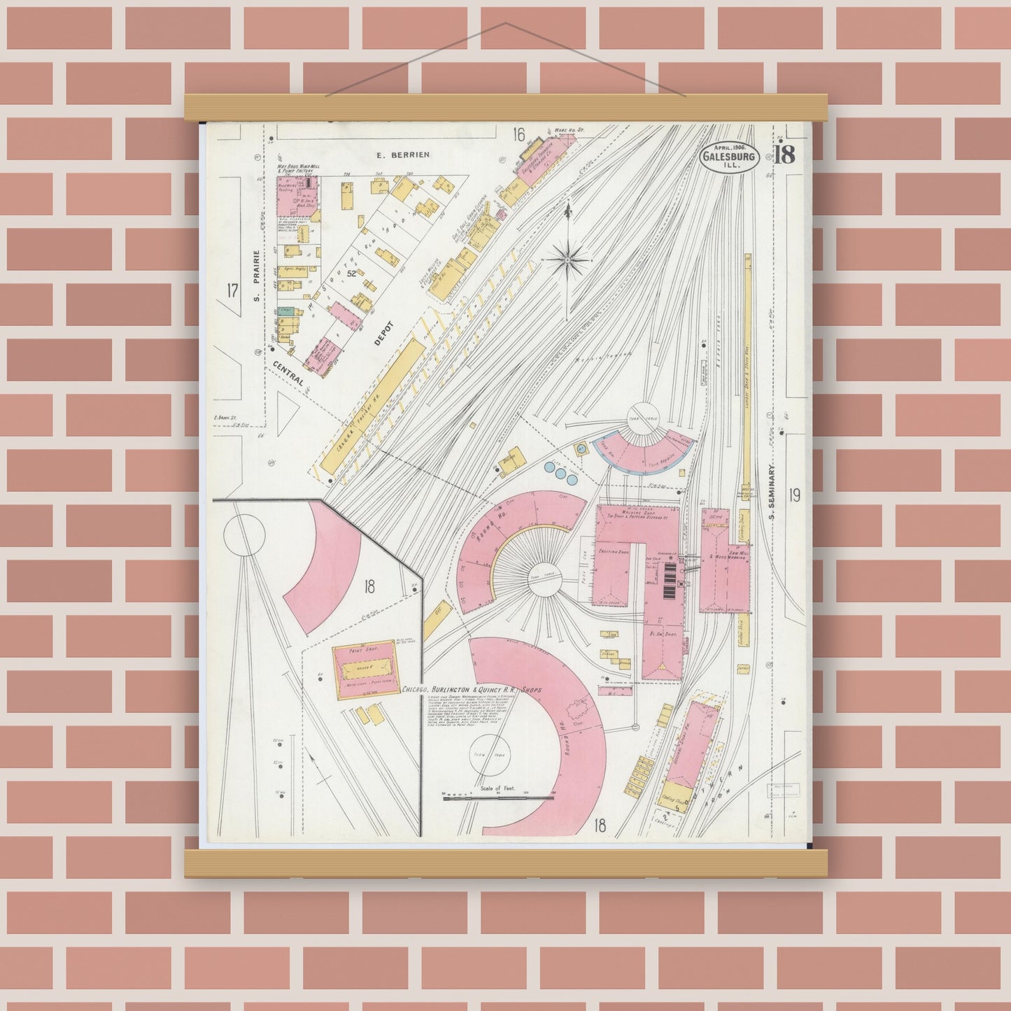 Old map wall art mockup — magnetic wood frame on brick wall — Sanborn Fire Insurance Map from Galesburg, Knox County, Illinois (1906), Sheet #0018