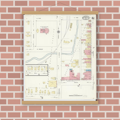 Old map wall art mockup — magnetic wood frame on brick wall — Sanborn Fire Insurance Map from Big Rapids, Mecosta County, Michigan (1914), Sheet #0008