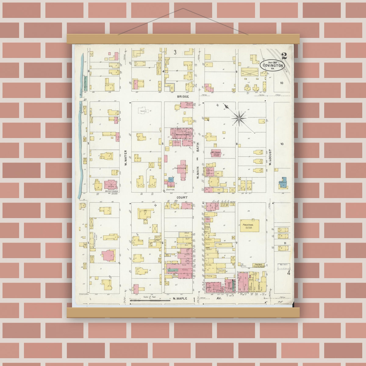 Old map wall art mockup — magnetic wood frame on brick wall — Sanborn Fire Insurance Map from Covington, Independent Cities, Virginia (1907), Sheet #0002