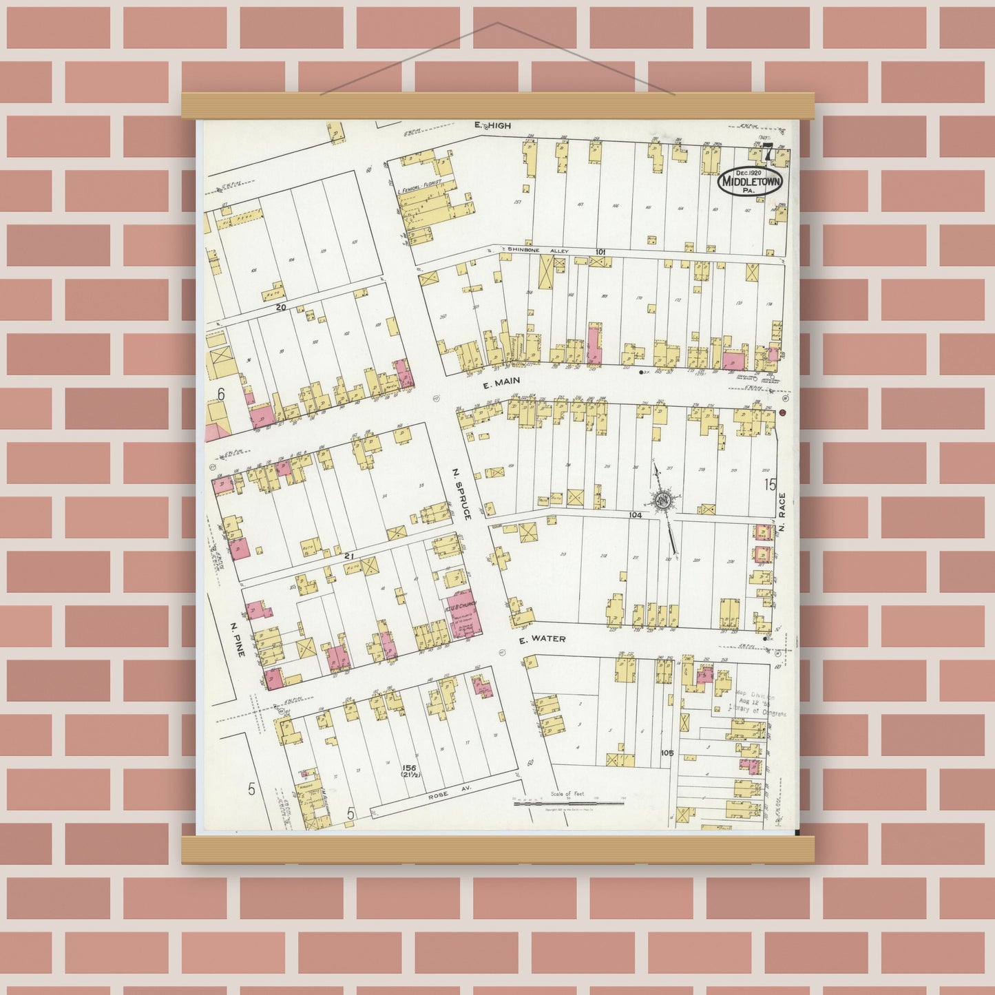 Old map wall art mockup — magnetic wood frame on brick wall — Sanborn Fire Insurance Map from Middletown, Dauphin County, Pennsylvania (1920), Sheet #0007
