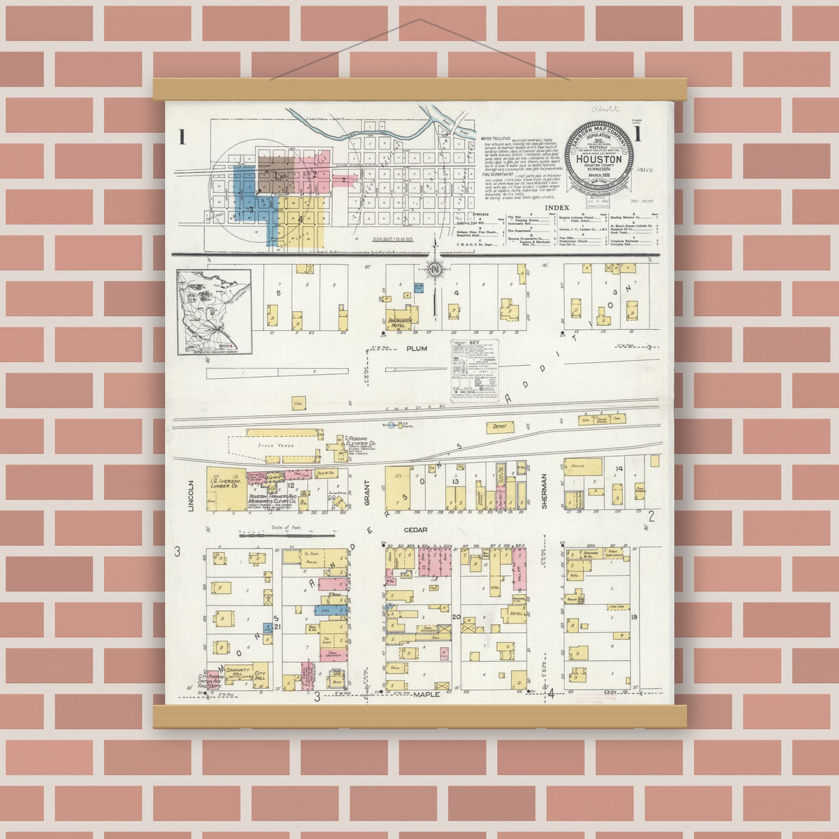 Old map wall art mockup — magnetic wood frame on brick wall — Sanborn Fire Insurance Map from Houston, Houston County, Minnesota (1926) - Complete Map Set