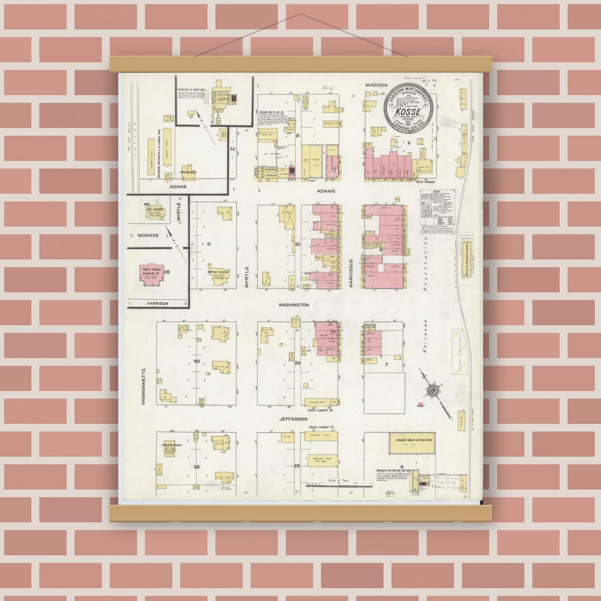 Old map wall art mockup — magnetic wood frame on brick wall — Sanborn Fire Insurance Map from Kosse, Limestone County, Texas (1911), Sheet #0001