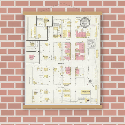 Old map wall art mockup — magnetic wood frame on brick wall — Sanborn Fire Insurance Map from Kosse, Limestone County, Texas (1911), Sheet #0001