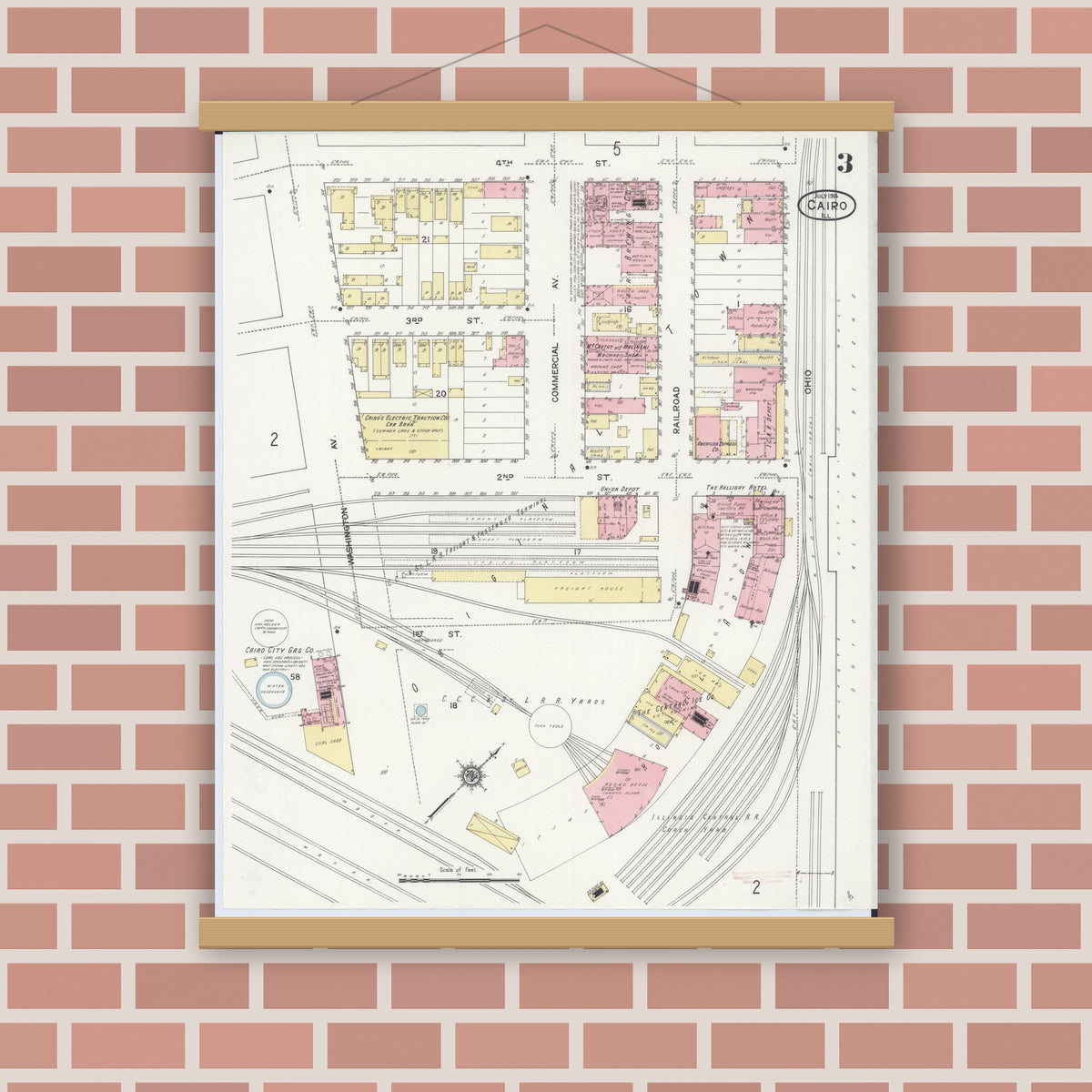Old map wall art mockup — magnetic wood frame on brick wall — Sanborn Fire Insurance Map from Cairo, Alexander County, Illinois (1914), Sheet #0003