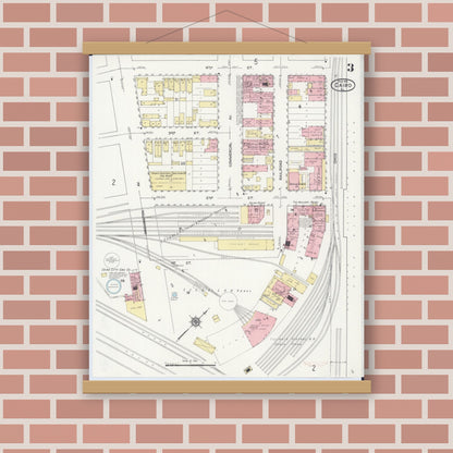 Old map wall art mockup — magnetic wood frame on brick wall — Sanborn Fire Insurance Map from Cairo, Alexander County, Illinois (1914), Sheet #0003