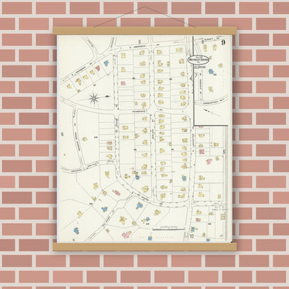 Old map wall art mockup — magnetic wood frame on brick wall — Sanborn Fire Insurance Map from Wayne, Delaware County, Pennsylvania (1909), Sheet #0009