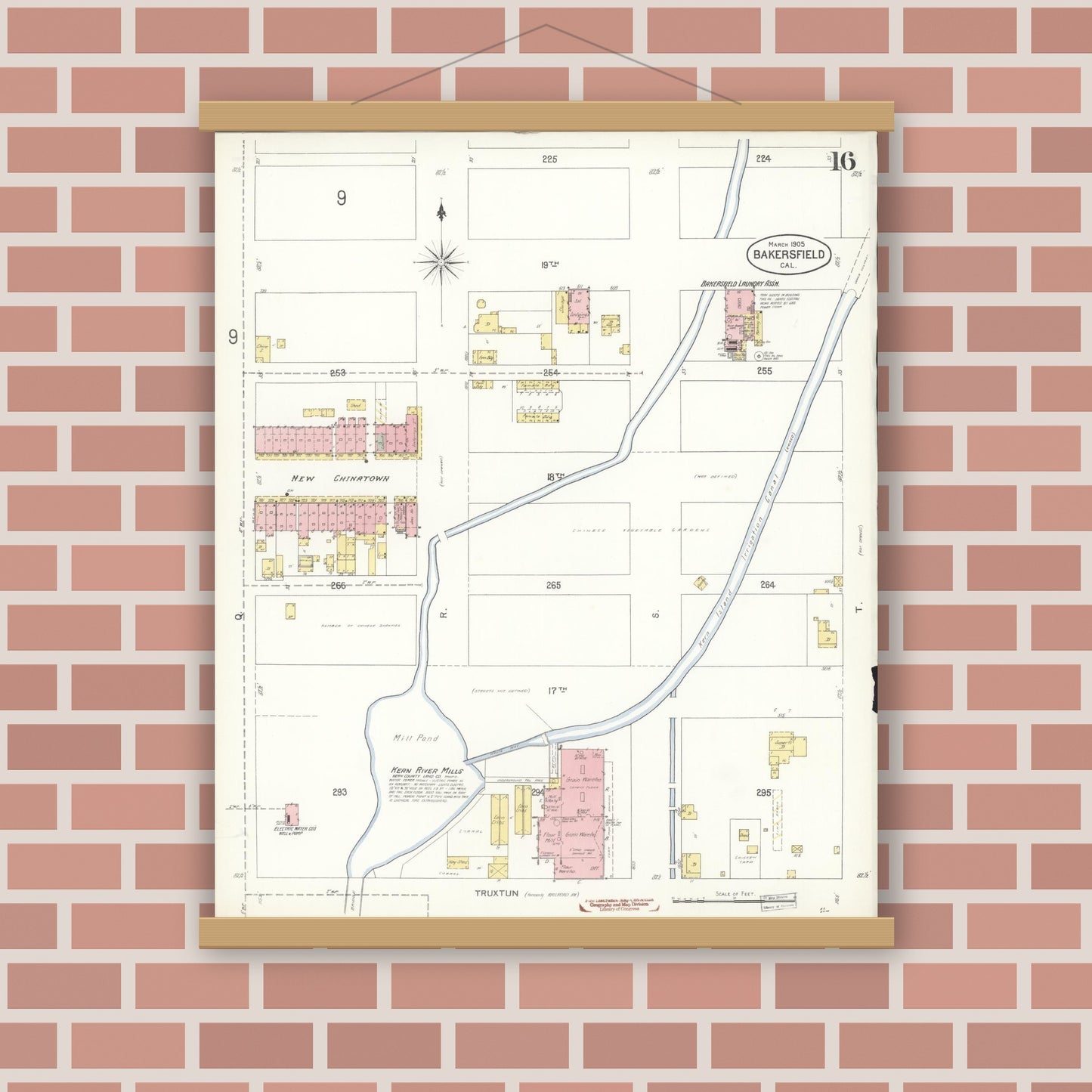 Old map wall art mockup — magnetic wood frame on brick wall — Sanborn Fire Insurance Map from Bakersfield, Kern County, California (1905), Sheet #0016
