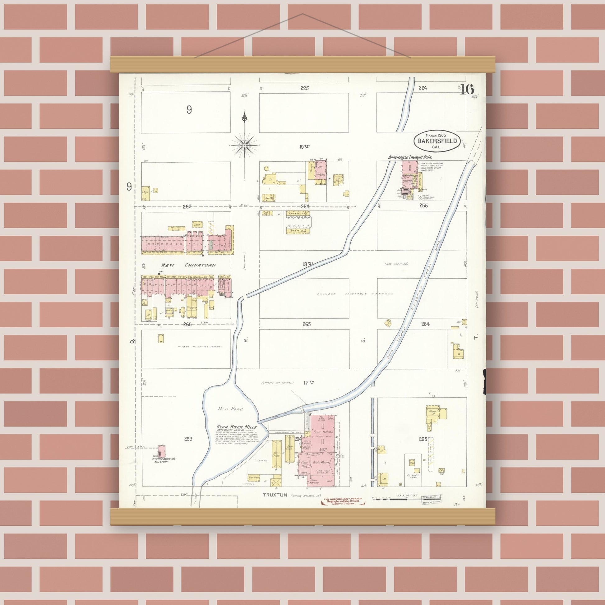 Old map wall art mockup — magnetic wood frame on brick wall — Sanborn Fire Insurance Map from Bakersfield, Kern County, California (1905), Sheet #0016