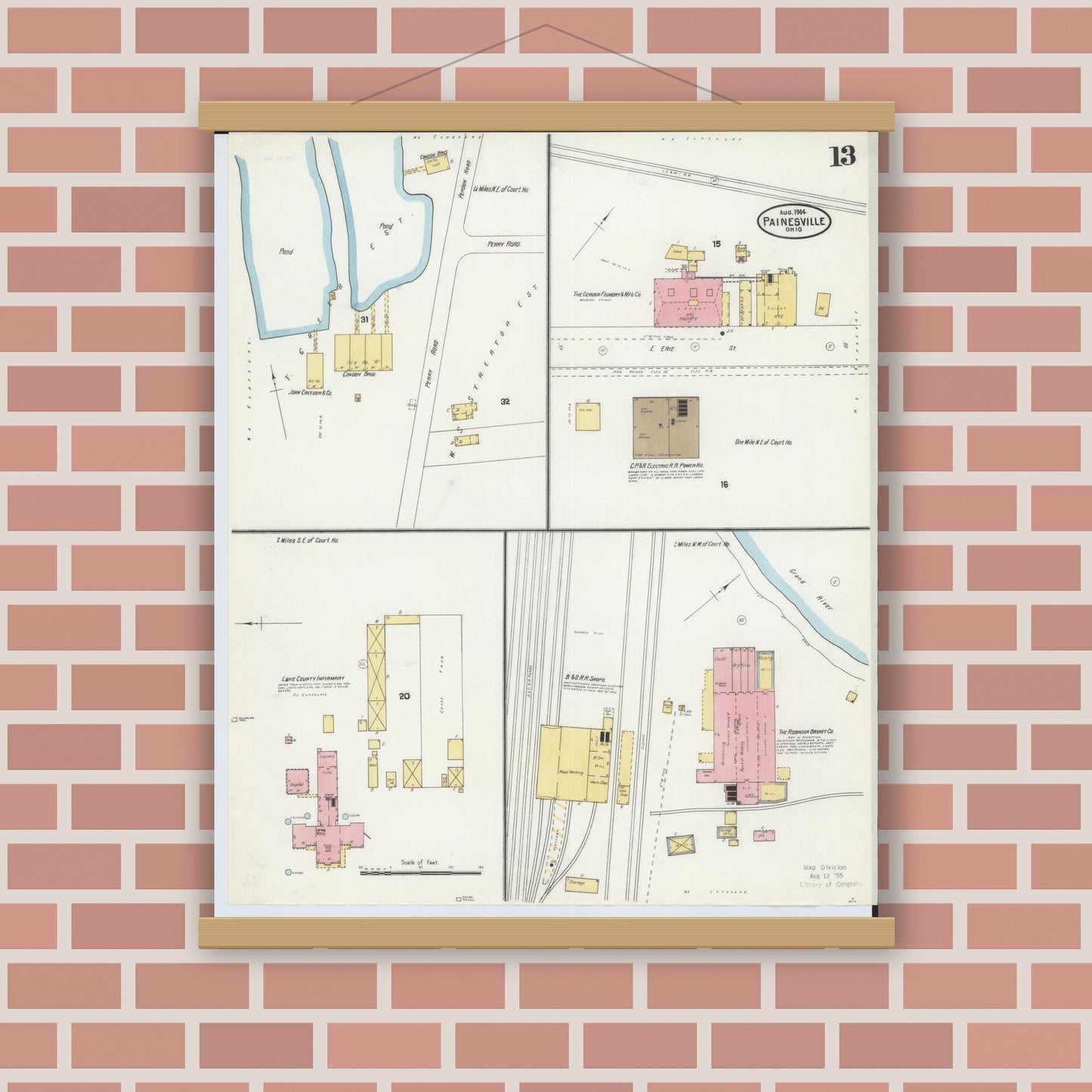 Old map wall art mockup — magnetic wood frame on brick wall — Sanborn Fire Insurance Map from Painesville, Lake County, Ohio (1904), Sheet #0013