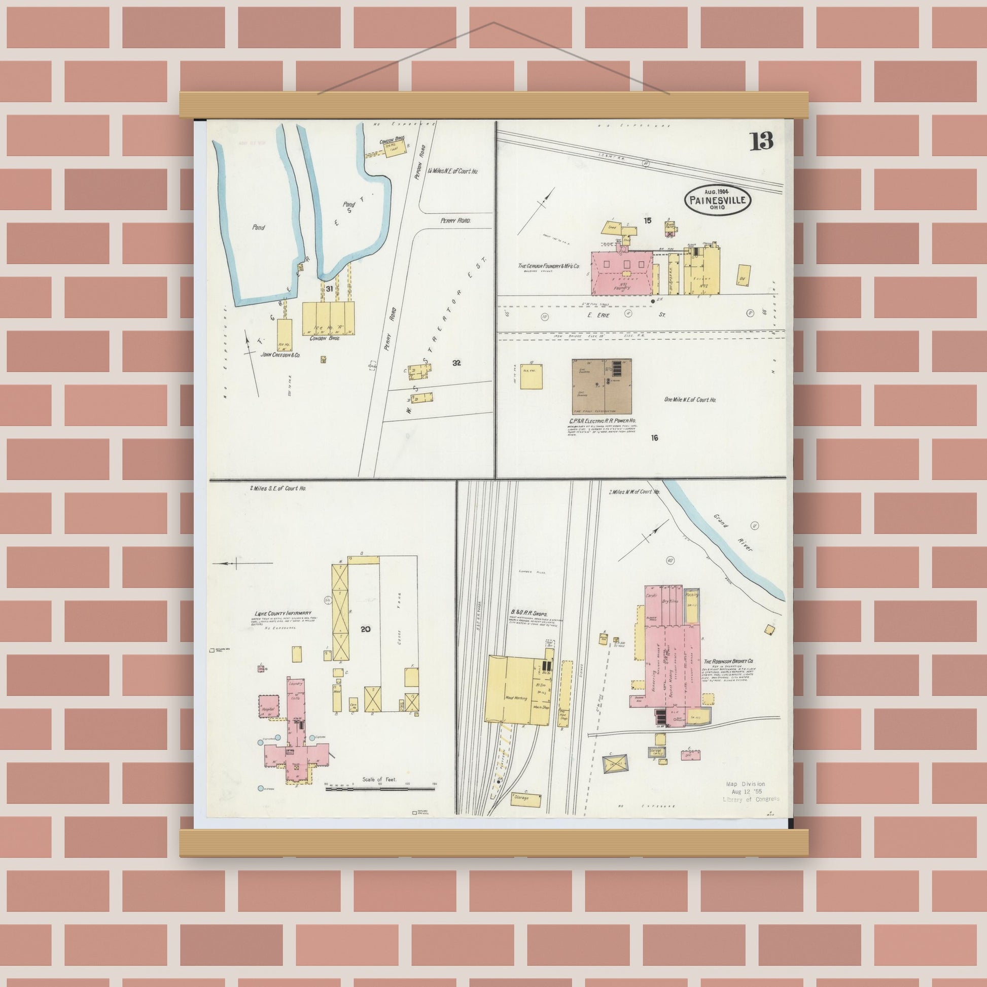 Old map wall art mockup — magnetic wood frame on brick wall — Sanborn Fire Insurance Map from Painesville, Lake County, Ohio (1904), Sheet #0013