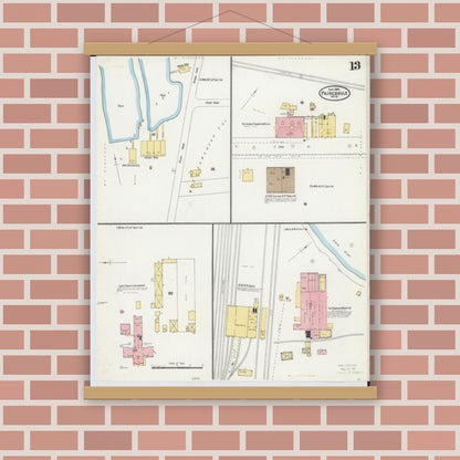 Old map wall art mockup — magnetic wood frame on brick wall — Sanborn Fire Insurance Map from Painesville, Lake County, Ohio (1904), Sheet #0013