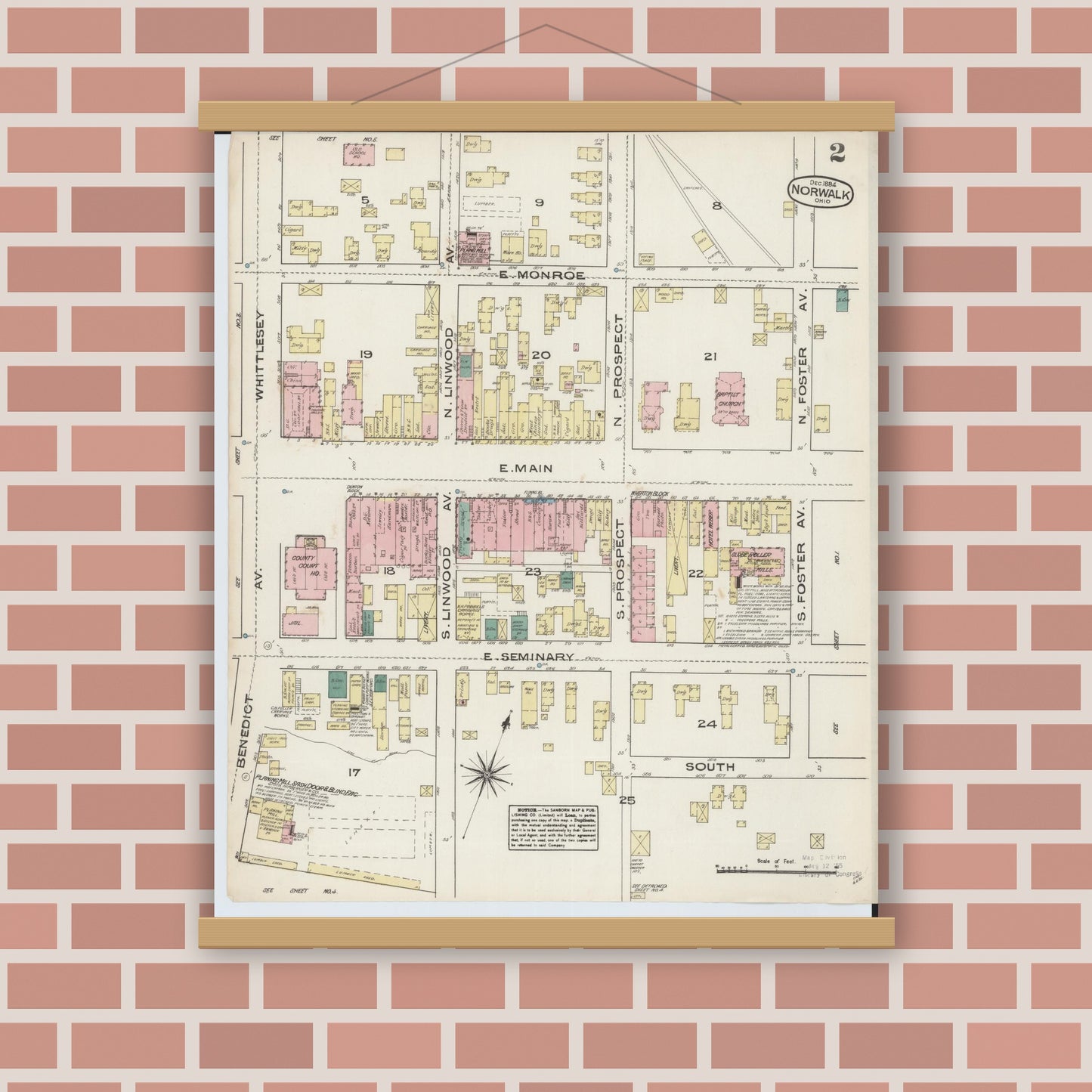 Old map wall art mockup — magnetic wood frame on brick wall — Sanborn Fire Insurance Map from Norwalk, Huron County, Ohio (1884), Sheet #0002
