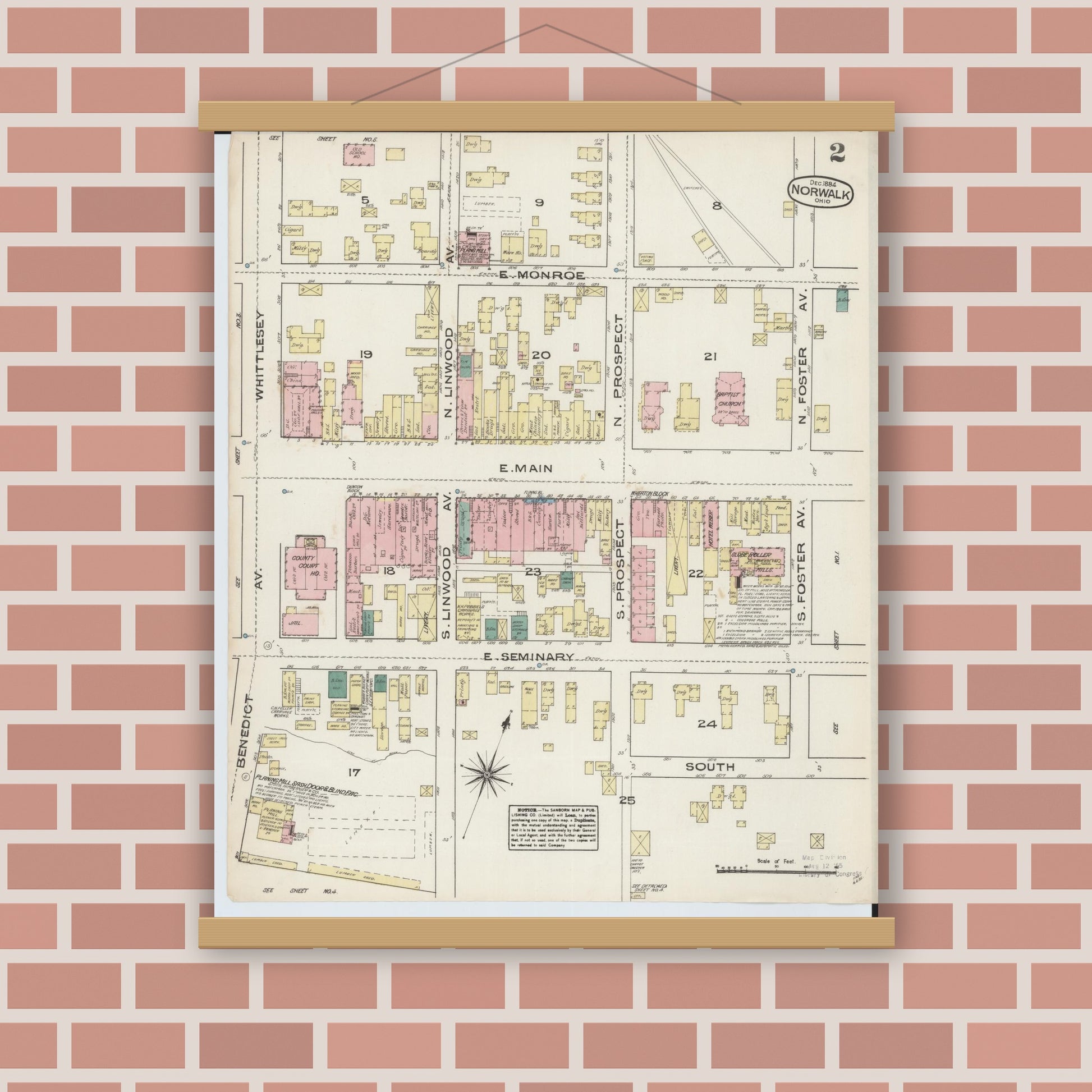 Old map wall art mockup — magnetic wood frame on brick wall — Sanborn Fire Insurance Map from Norwalk, Huron County, Ohio (1884), Sheet #0002