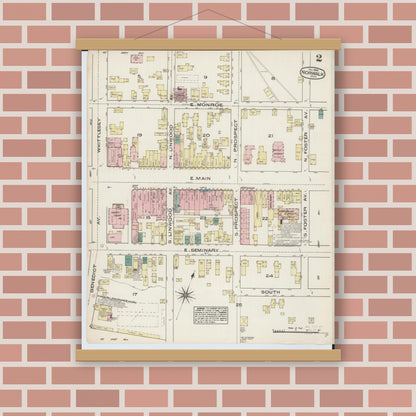 Old map wall art mockup — magnetic wood frame on brick wall — Sanborn Fire Insurance Map from Norwalk, Huron County, Ohio (1884), Sheet #0002