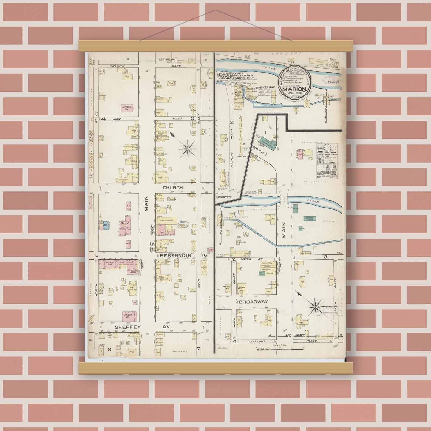 Old map wall art mockup — magnetic wood frame on brick wall — Sanborn Fire Insurance Map from Marion, Smyth County, Virginia (1886), Sheet #0001