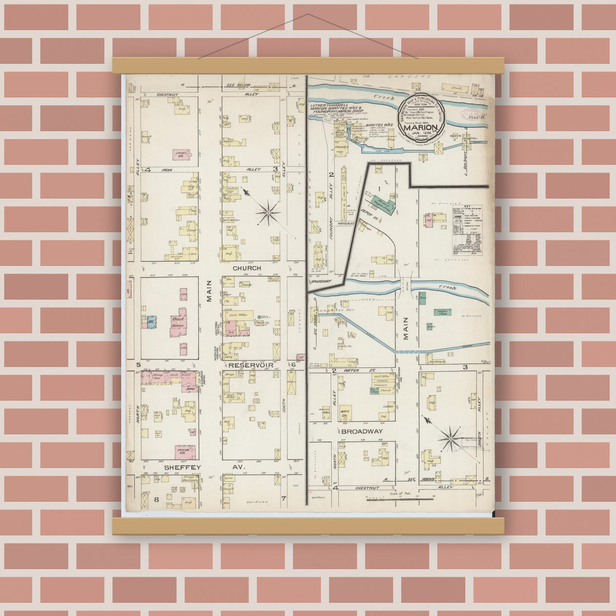 Old map wall art mockup — magnetic wood frame on brick wall — Sanborn Fire Insurance Map from Marion, Smyth County, Virginia (1886), Sheet #0001