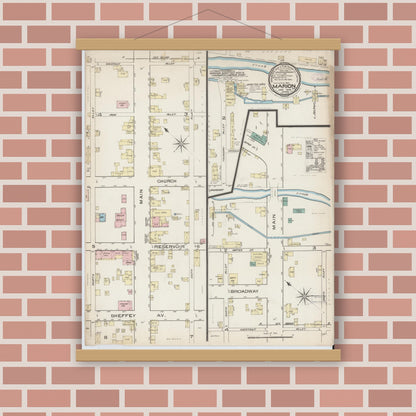 Old map wall art mockup — magnetic wood frame on brick wall — Sanborn Fire Insurance Map from Marion, Smyth County, Virginia (1886), Sheet #0001