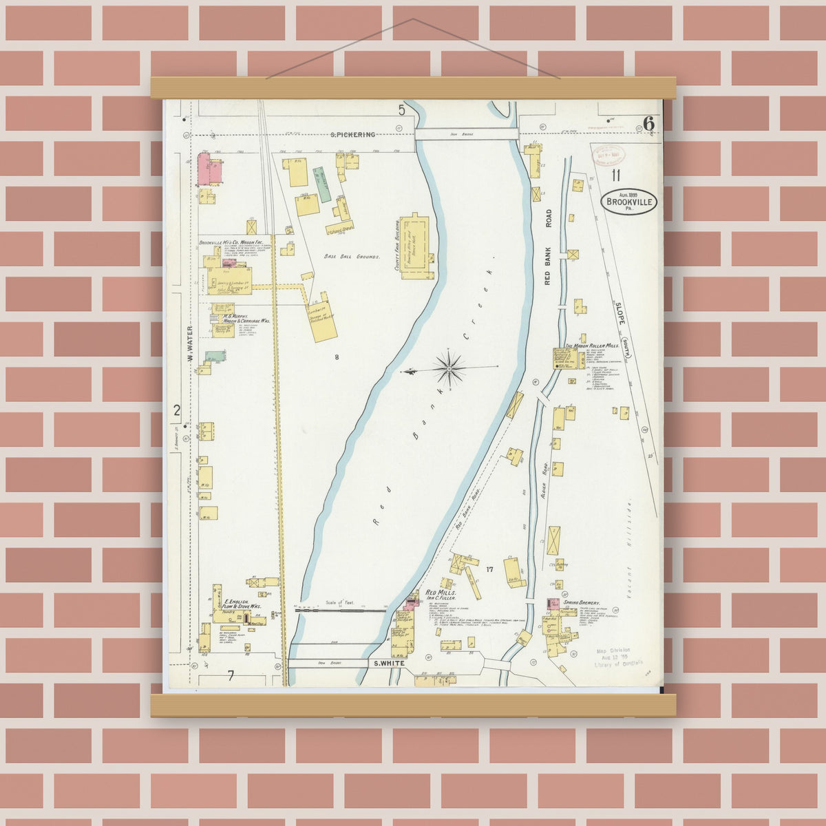 Old map wall art mockup — magnetic wood frame on brick wall — Sanborn Fire Insurance Map from Brookville, Jefferson County, Pennsylvania (1899), Sheet #0006