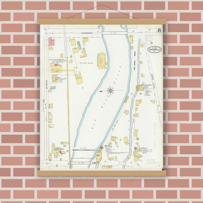 Old map wall art mockup — magnetic wood frame on brick wall — Sanborn Fire Insurance Map from Brookville, Jefferson County, Pennsylvania (1899), Sheet #0006