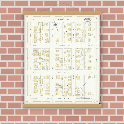 Old map wall art mockup — magnetic wood frame on brick wall — Sanborn Fire Insurance Map from Temple, Bell County, Texas (1910), Sheet #0007