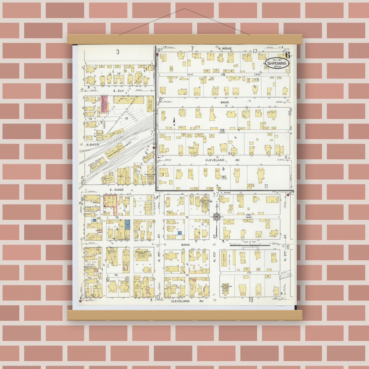 Old map wall art mockup — magnetic wood frame on brick wall — Sanborn Fire Insurance Map from Ishpeming, Marquette County, Michigan (1917), Sheet #0006