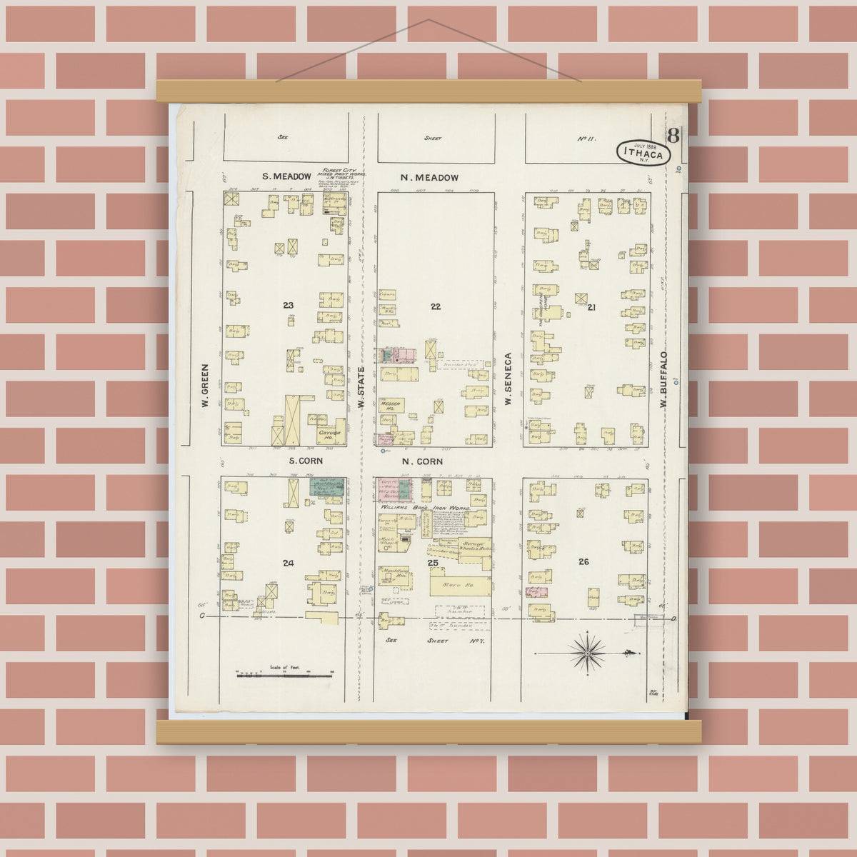 Old map wall art mockup — magnetic wood frame on brick wall — Sanborn Fire Insurance Map from Ithaca, Tompkins County, New York (1888), Sheet #0008