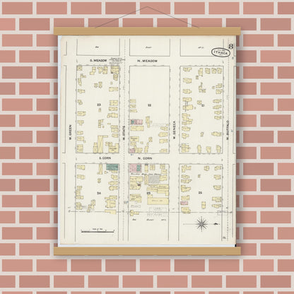 Old map wall art mockup — magnetic wood frame on brick wall — Sanborn Fire Insurance Map from Ithaca, Tompkins County, New York (1888), Sheet #0008