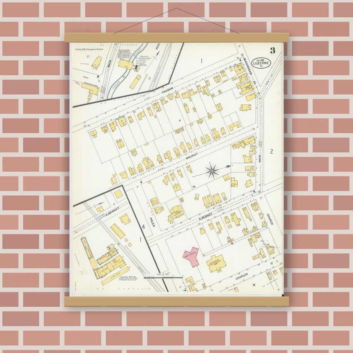 Old map wall art mockup — magnetic wood frame on brick wall — Sanborn Fire Insurance Map from Luzerne, Luzerne County, Pennsylvania (1903), Sheet #0003