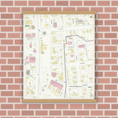 Old map wall art mockup — magnetic wood frame on brick wall — Sanborn Fire Insurance Map from Loogootee, Martin County, Indiana (1907), Sheet #0003