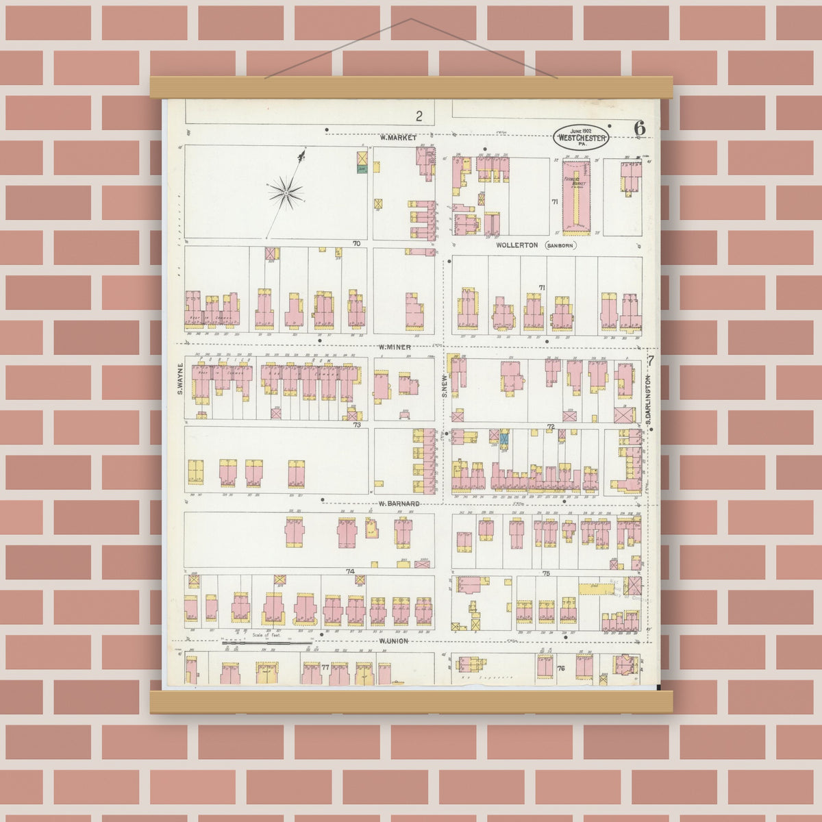 Old map wall art mockup — magnetic wood frame on brick wall — Sanborn Fire Insurance Map from West Chester, Chester County, Pennsylvania (1902), Sheet #0006