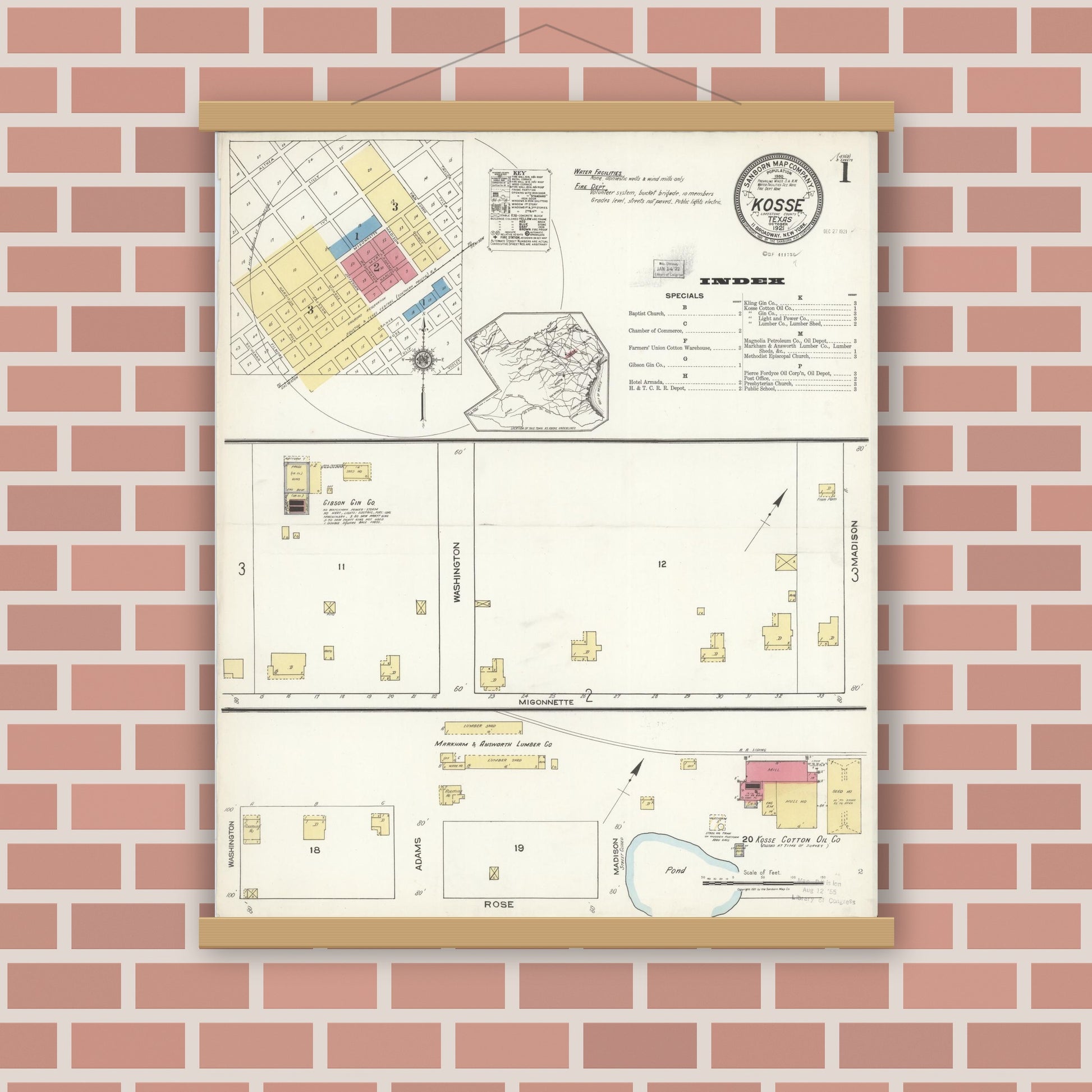 Old map wall art mockup — magnetic wood frame on brick wall — Sanborn Fire Insurance Map from Kosse, Limestone County, Texas (1921), Sheet #0001