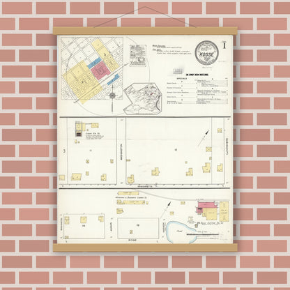 Old map wall art mockup — magnetic wood frame on brick wall — Sanborn Fire Insurance Map from Kosse, Limestone County, Texas (1921), Sheet #0001