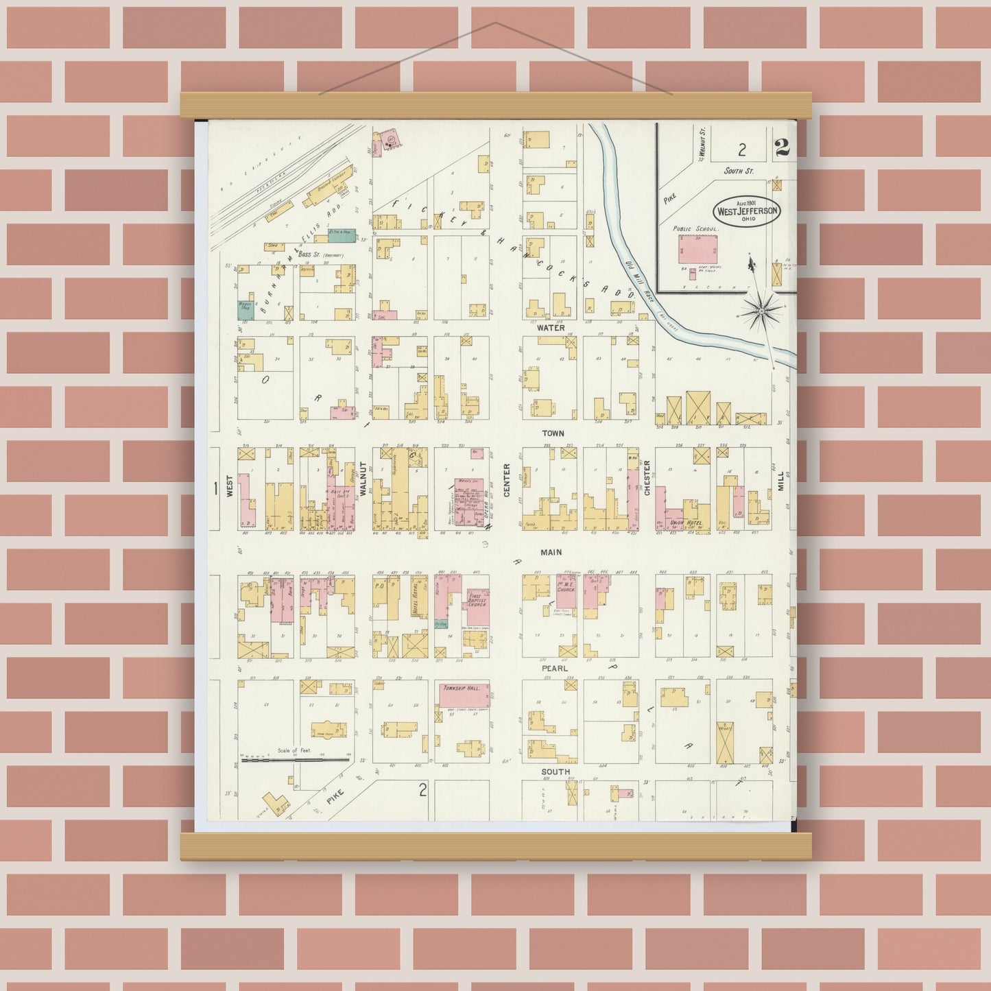 Old map wall art mockup — magnetic wood frame on brick wall — Sanborn Fire Insurance Map from West Jefferson, Madison County, Ohio (1901), Sheet #0002