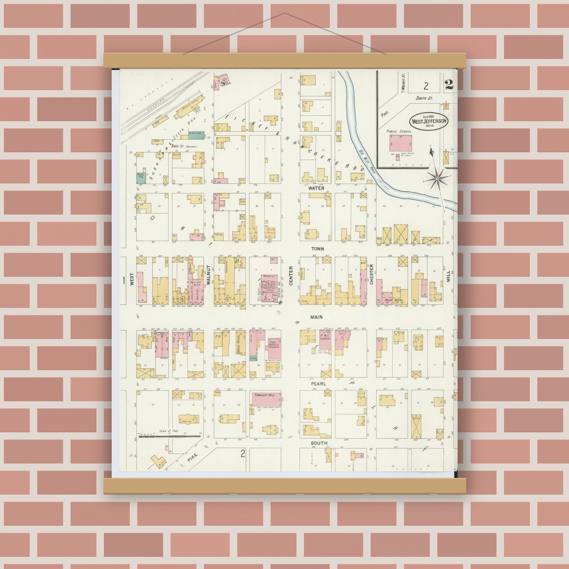 Old map wall art mockup — magnetic wood frame on brick wall — Sanborn Fire Insurance Map from West Jefferson, Madison County, Ohio (1901), Sheet #0002