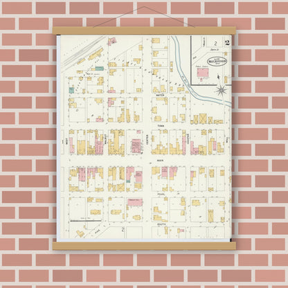 Old map wall art mockup — magnetic wood frame on brick wall — Sanborn Fire Insurance Map from West Jefferson, Madison County, Ohio (1901), Sheet #0002