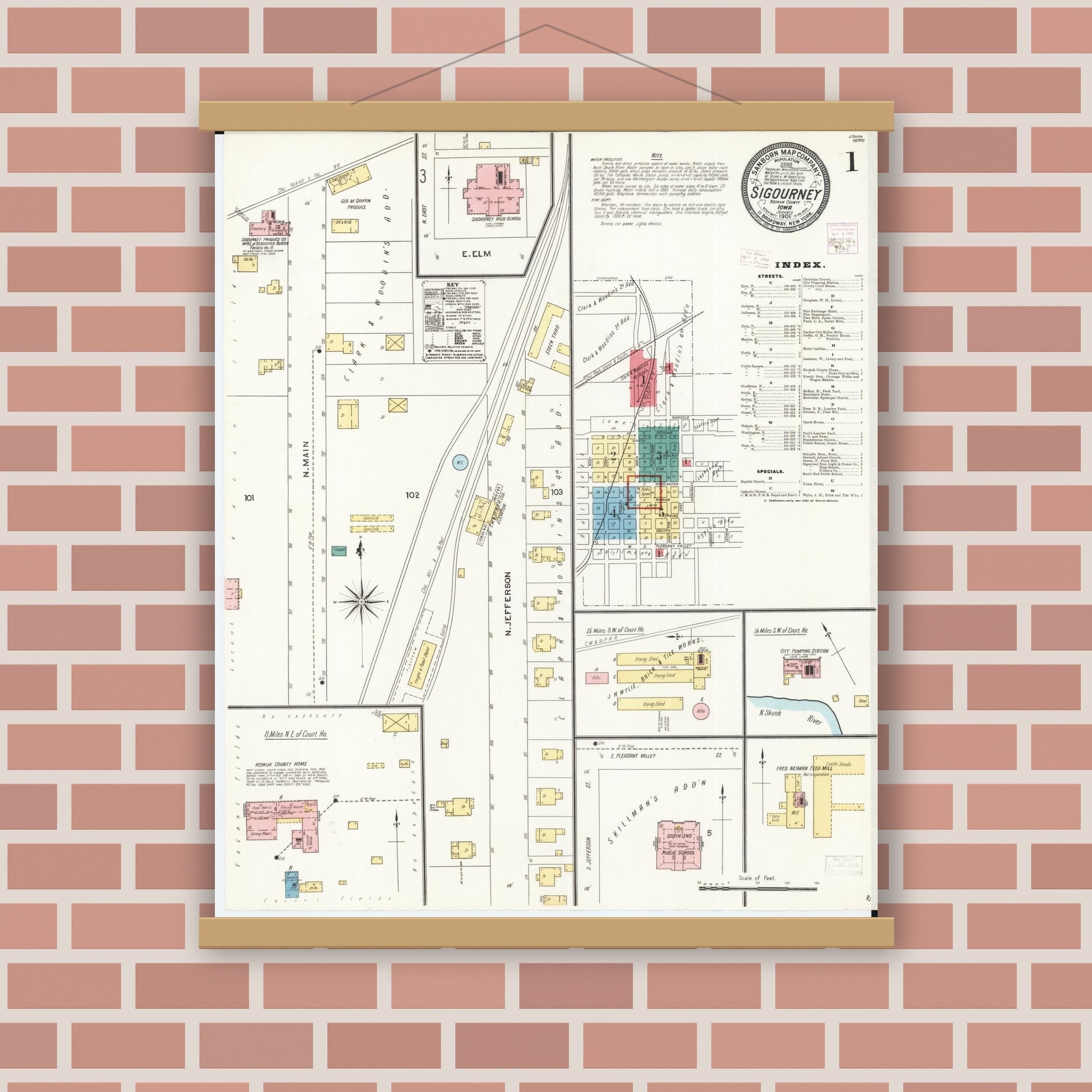 Old map wall art mockup — magnetic wood frame on brick wall — Sanborn Fire Insurance Map from Sigourney, Kiokuk County, Iowa (1906) â€” Complete Set