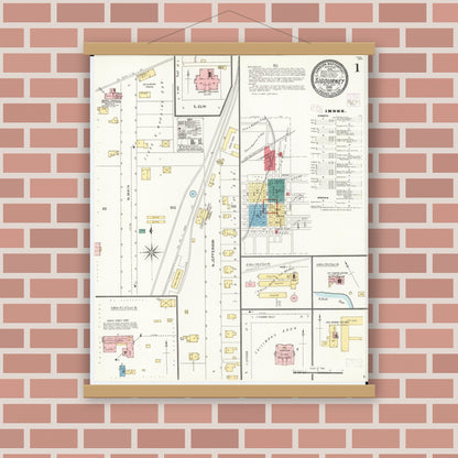 Old map wall art mockup — magnetic wood frame on brick wall — Sanborn Fire Insurance Map from Sigourney, Kiokuk County, Iowa (1906) â€” Complete Set