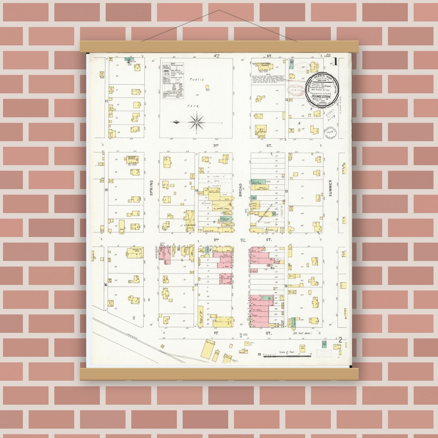 Old map wall art mockup — magnetic wood frame on brick wall — Sanborn Fire Insurance Map from Humeston, Wayne County, Iowa (1898), Sheet #0001