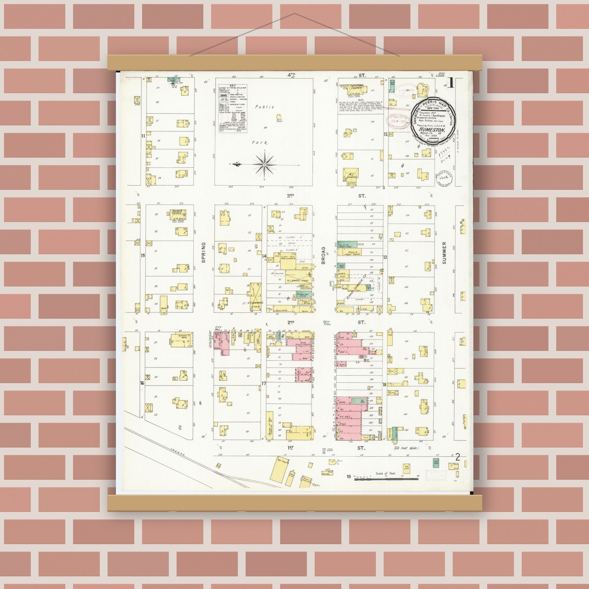 Old map wall art mockup — magnetic wood frame on brick wall — Sanborn Fire Insurance Map from Humeston, Wayne County, Iowa (1898), Sheet #0001