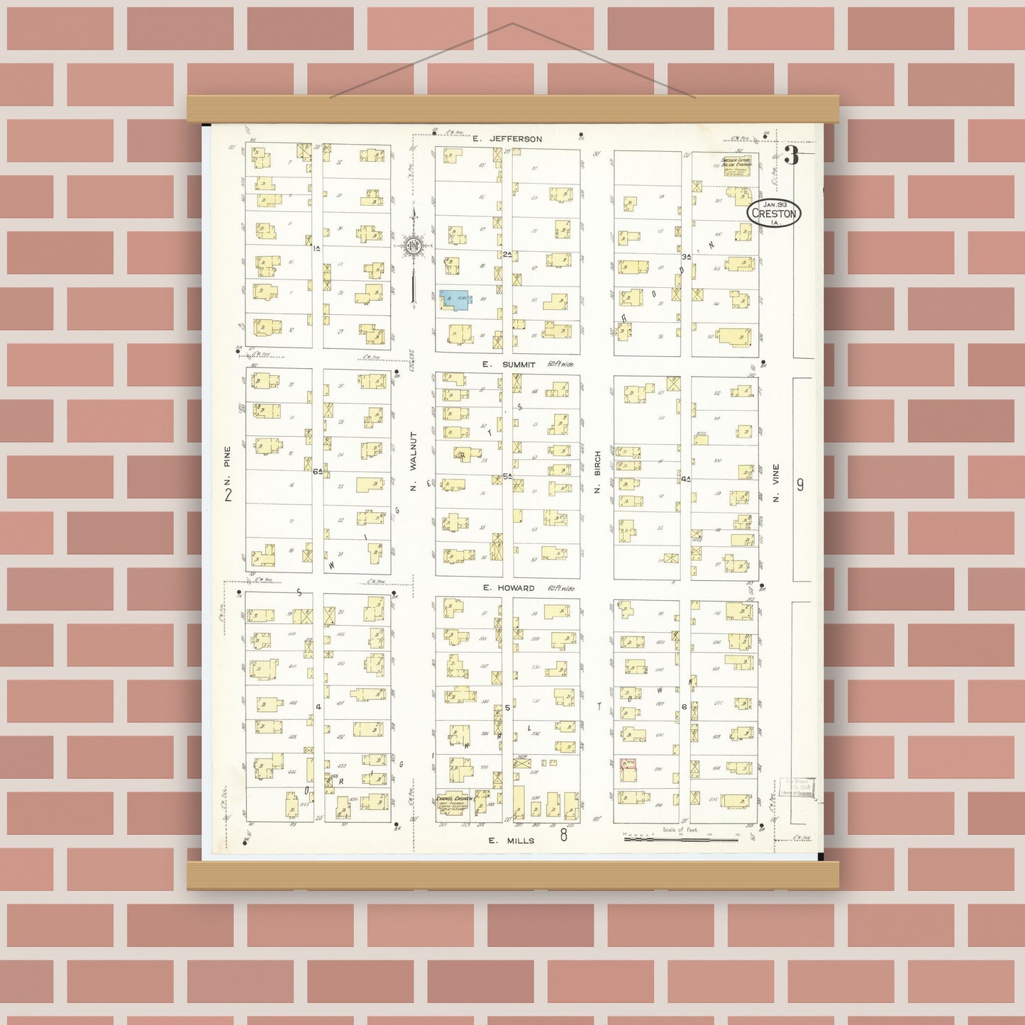 Old map wall art mockup — magnetic wood frame on brick wall — Sanborn Fire Insurance Map from Creston, Union County, Iowa (1913), Sheet #0003